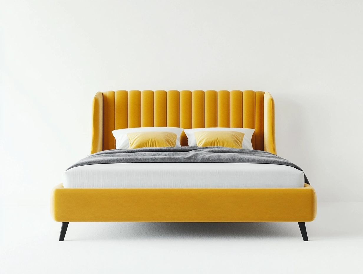 Cama tapizada en terciopelo amarillo con cabecero acanalado