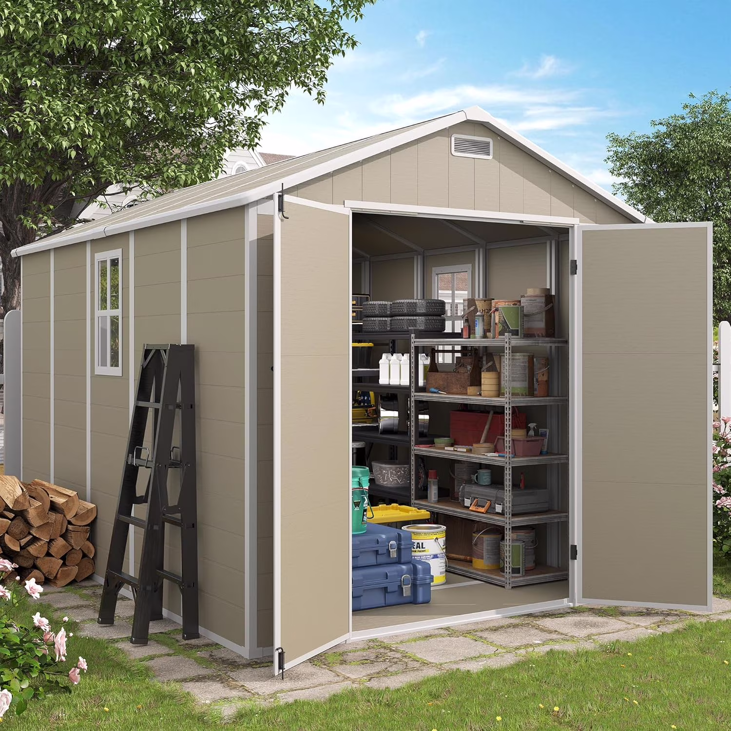 ELPOSUN Outdoor Storage Shed 6x4.5 ft, Resin Outside Sheds & Outdoor Storage Plastic for Trash Can, Bike, Lawnmower, Generator, Tool Shed with Lockable Door for Backyard, Lawn, Patio, Grey & White - Image 10