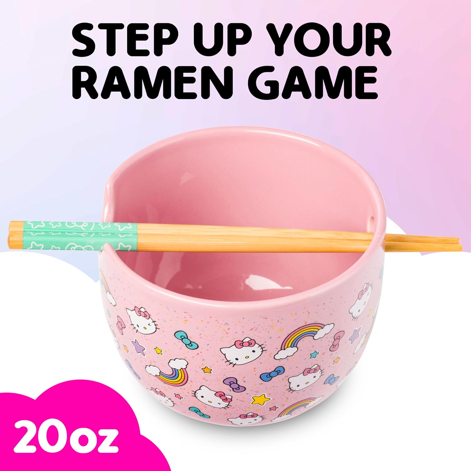 Silver Buffalo Sanrio Hello Kitty Bows Stars Rainbow Pattern Ceramic Ramen Noodle Rice Bowl with Chopsticks, Microwave Safe, 20 Ounces