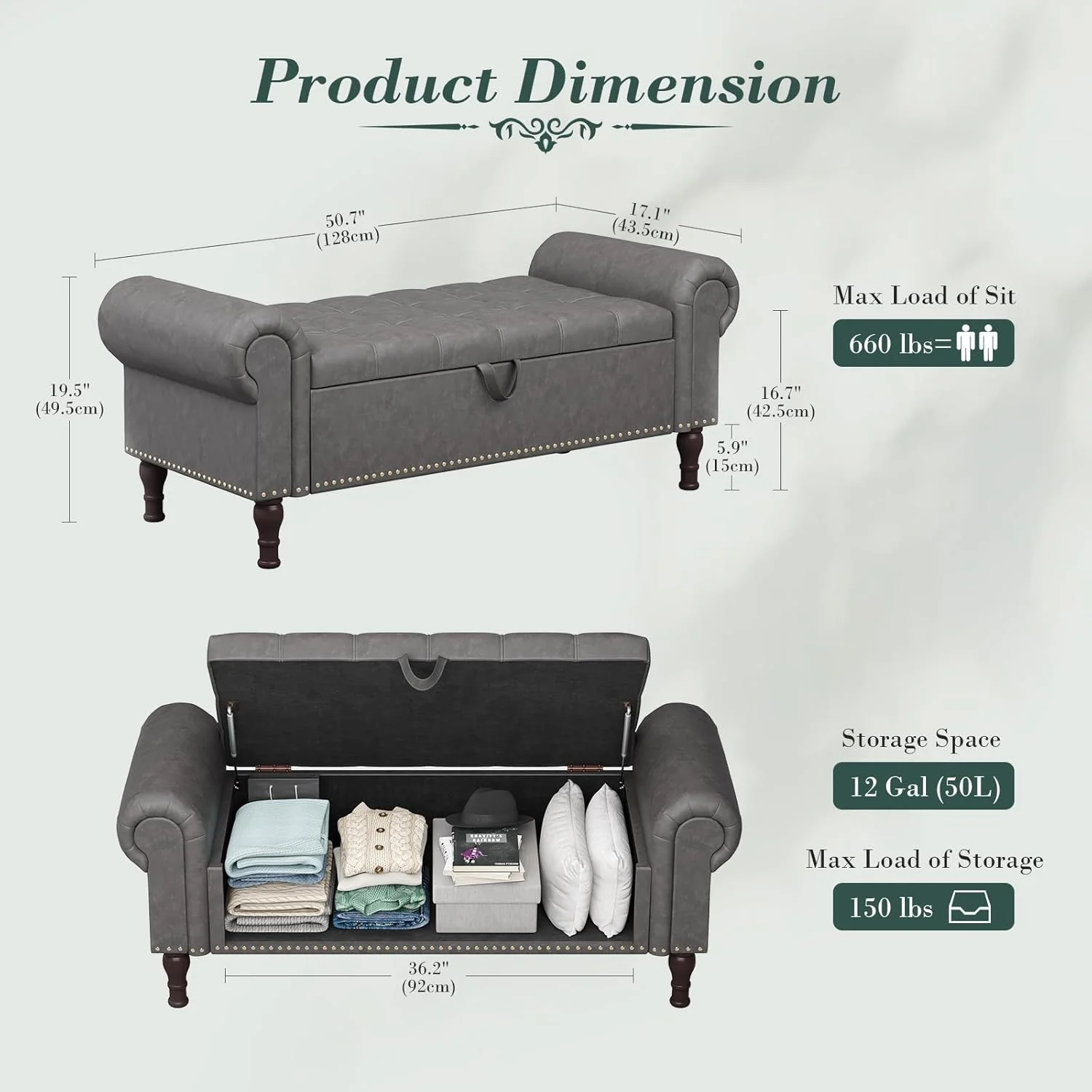 YOUDENOVA Storage Ottoman Bench for Bedroom 51" Queen Leather Storage Bench with Button, Upholstered Bedroom Bench with Rolled Arms for Living Room, Storage Room, Entryway, Gray - Image 2