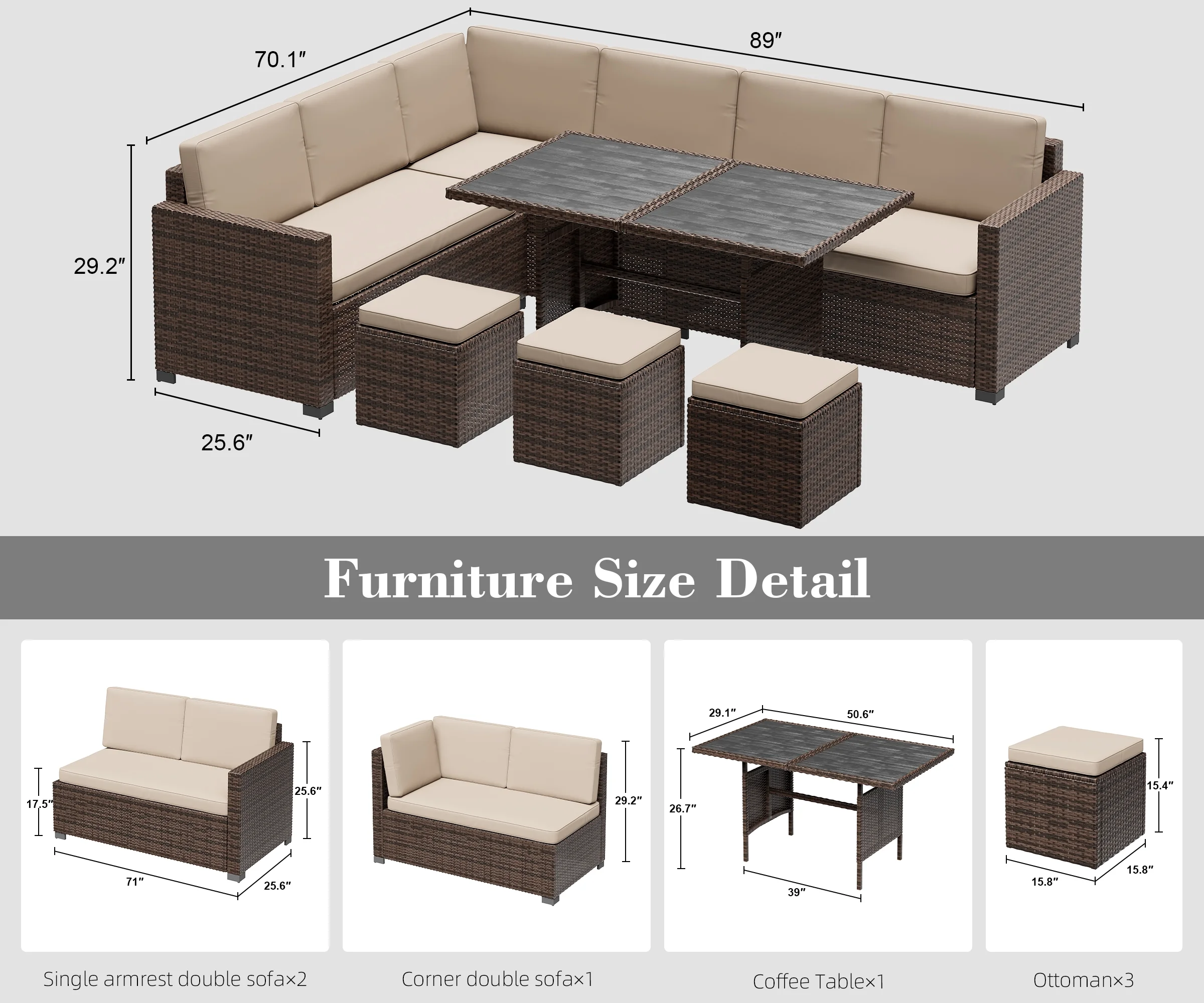 Bifanuo 7 Piece Patio Furniture Set, Outdoor Furniture Patio Sectional Sofa, All Weather PE Rattan Outdoor Sectional with Beige Cushions and Table, Black Wicker - Image 24
