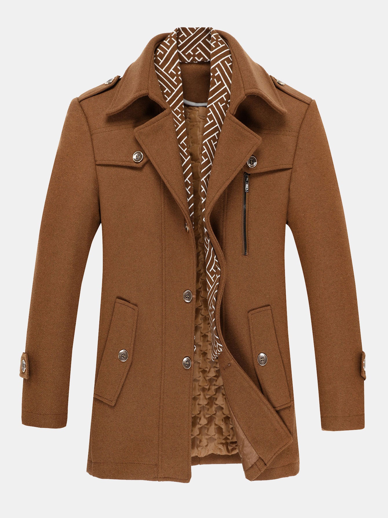 Quilted Lined Double Layer Detachable Scarf Neck Woolen Coat