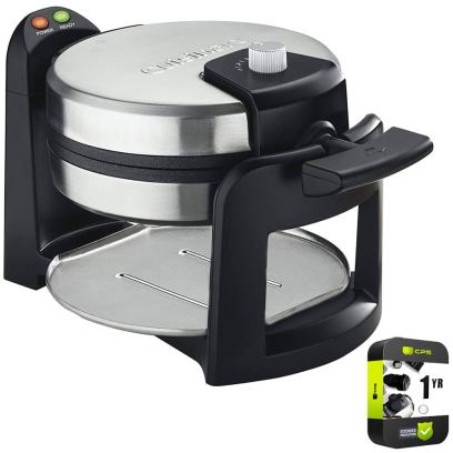 Cuisinart WAF-F30 Round Flip Belgian Waffle Maker Black/Stainless Bundle with 1 Yr CPS Enhanced Protection Pack