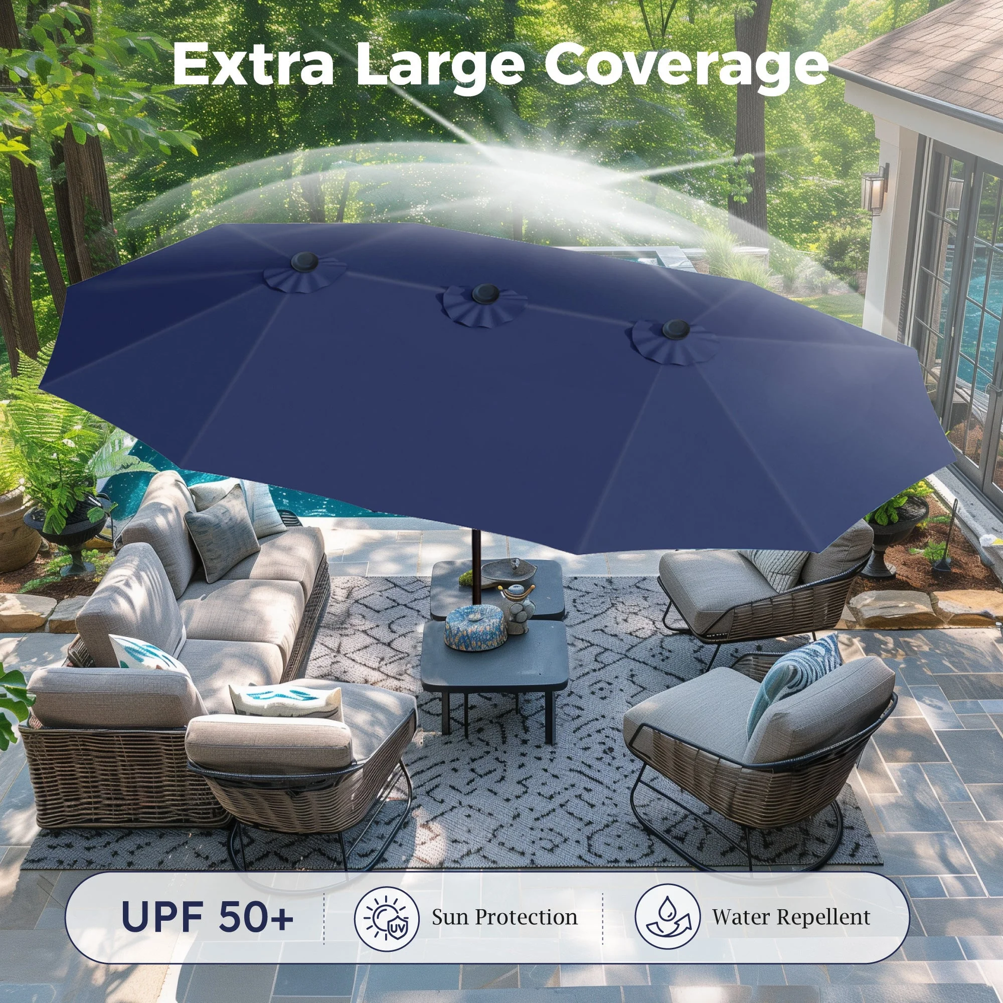 Alpha Joy 15ft Outdoor Patio Umbrella Extra-Large Double-Sided Garden Umbrella with Crank Handle and Base - Smoky Gray - Image 70