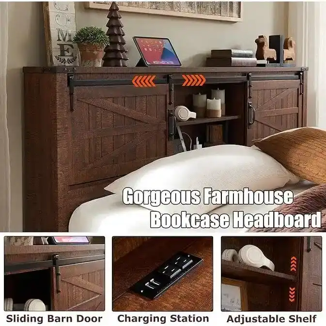 Farmhouse Platform Bed with Storage Headboard Sliding Doors and Charging Station