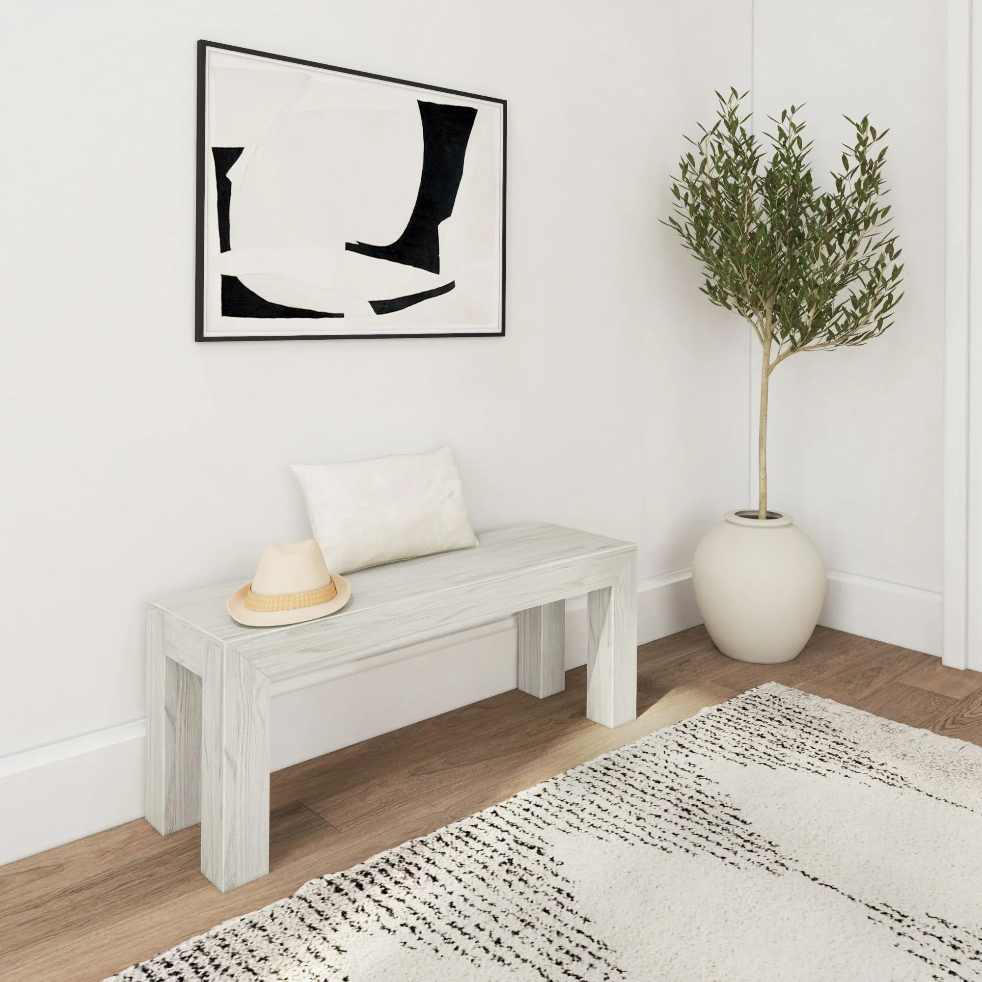 Plank+Beam Modern Dining Bench, Solid Wood Bench for Dining Table, 49", Blonde Wirebrush