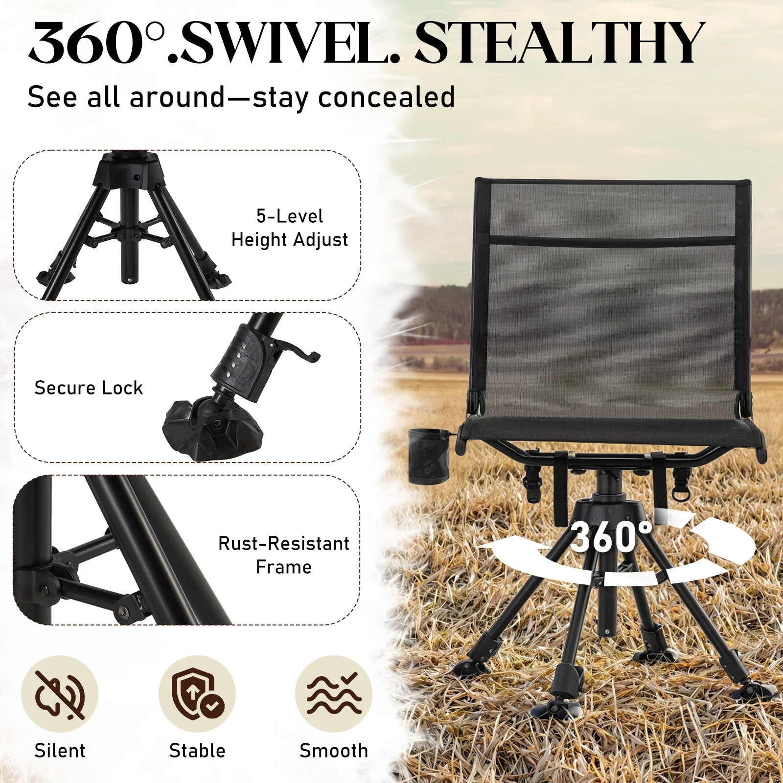 Danrelax 360- Silent Camo Hunting Blind Chair, Armrests, Side Pouch, Telescopic Legs - Image 52