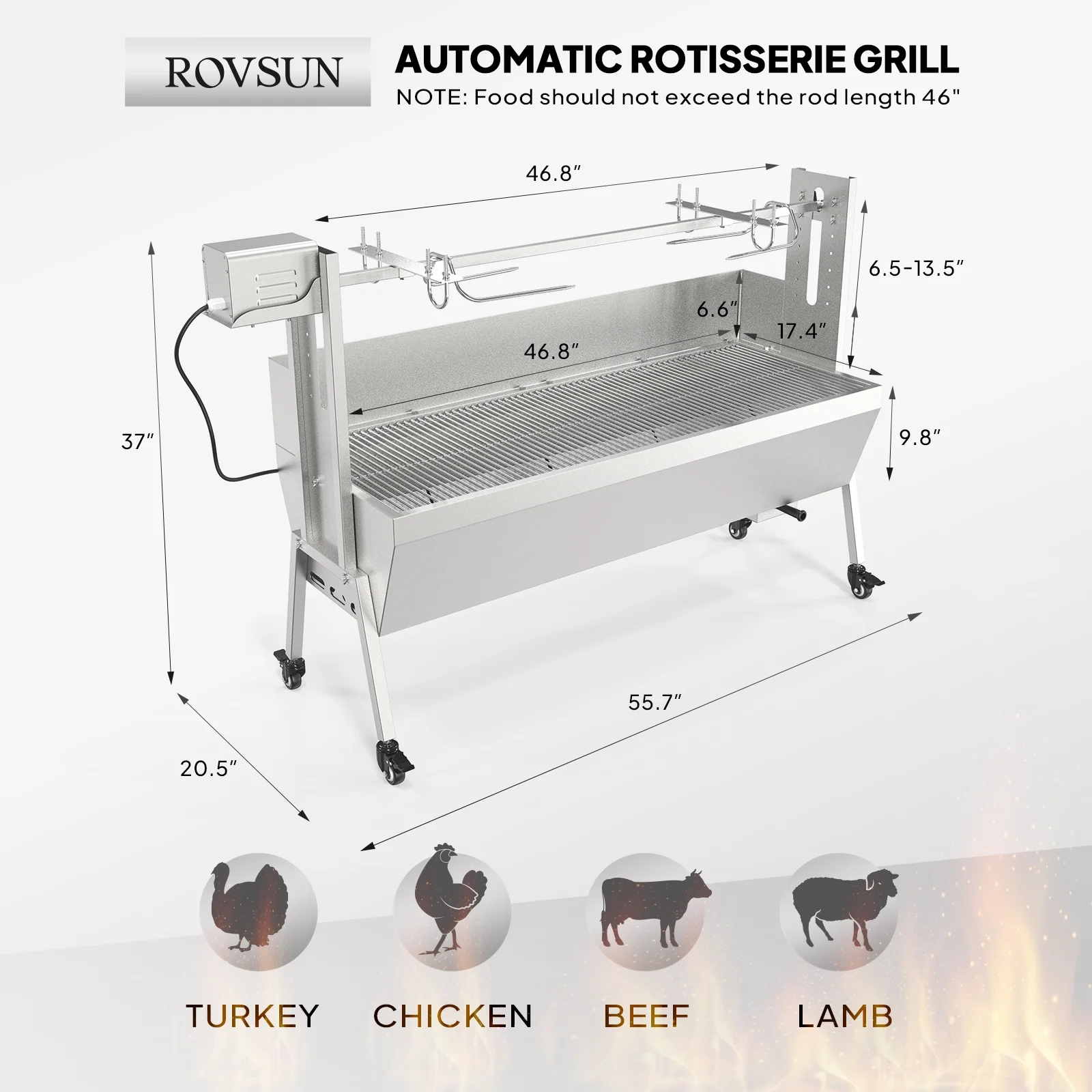 RovSun 46 Electric Rotisserie Grill 176 lbs Capacity 25w Pig Lamb Spit Roaster Rotisserie w/Lockable Wheels Wind Baffle with Adjustable Height - Image 8