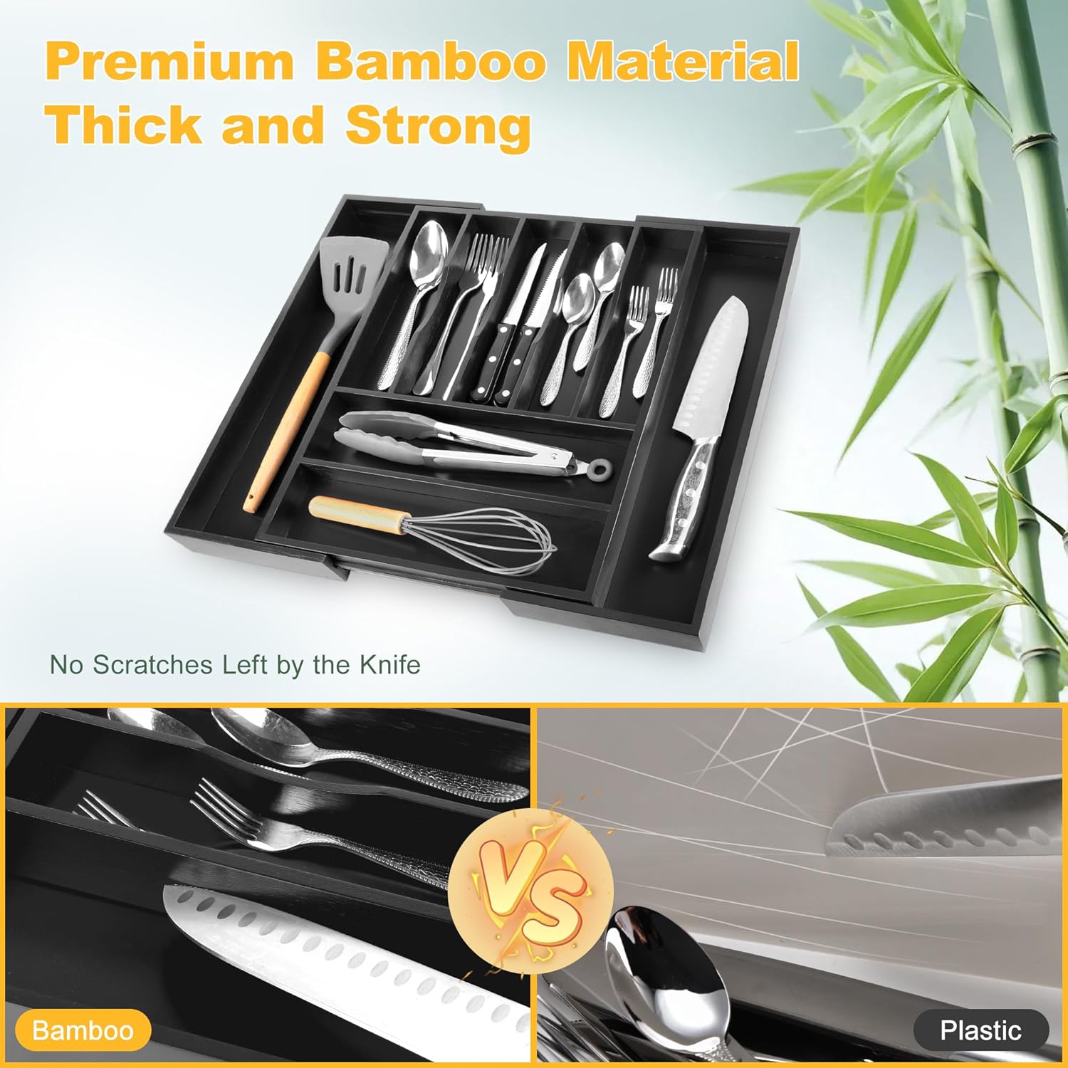 Large Premium Bamboo Silverware Organizer - Expandable Drawer Organizer & Utensil Organizer - 17