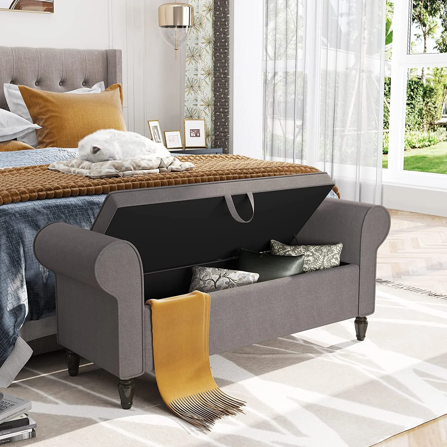 Andeworld Storage Bench with Arms Upholstered Bench Settee for Bedroom Living Room Gray - Image 4
