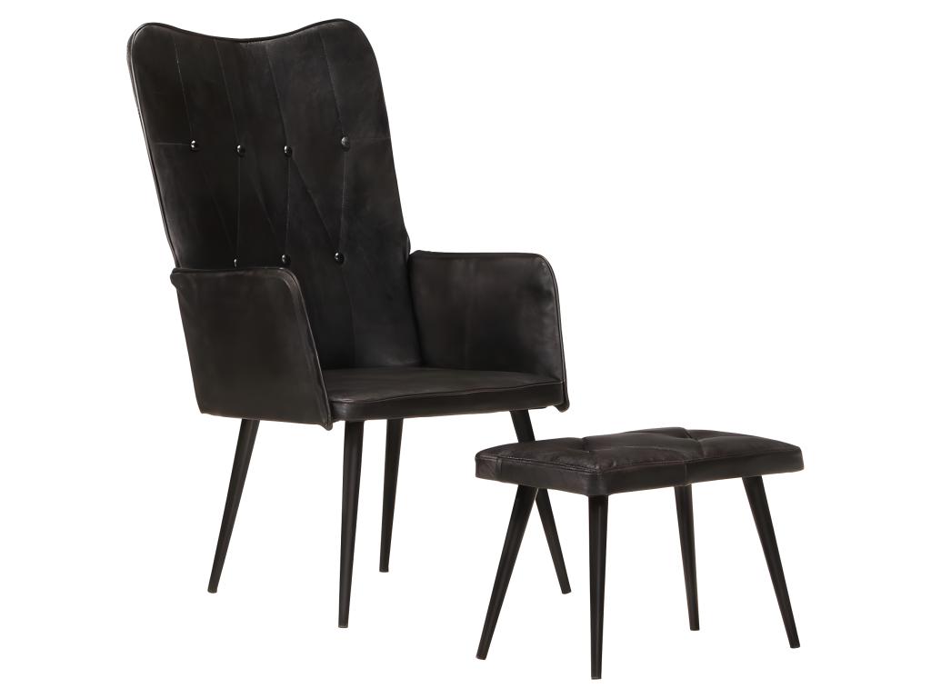 Sillón orejero con reposapiés Negro Cuero auténtico