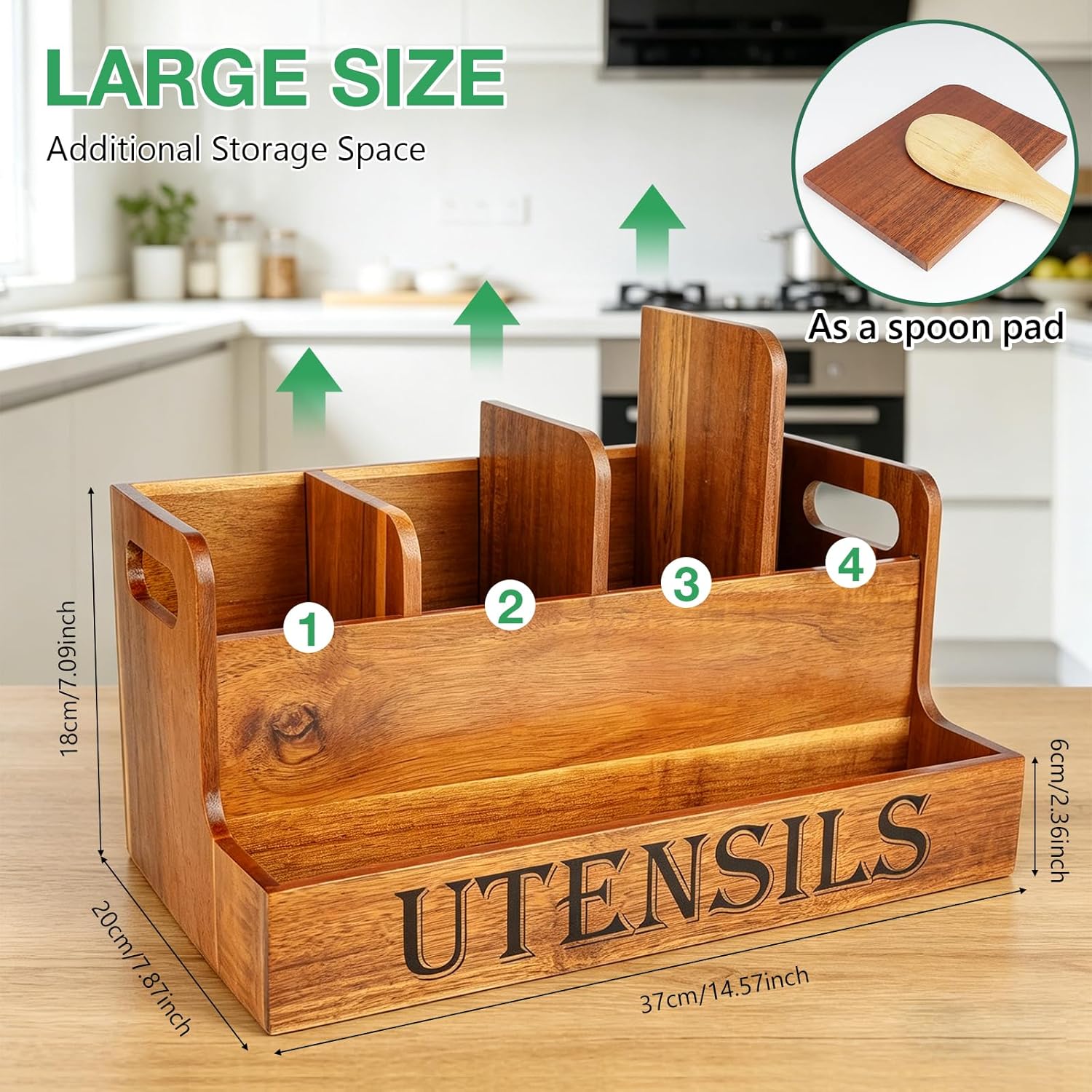 TREWAVE Wooden Utensil Holder for Kitchen Countertop, Large Acacia Wood Kitchen Utensil Organizer with 4 Compartments, Farmhouse Silverware Caddy for Spatula, Ladle & Cooking Tools