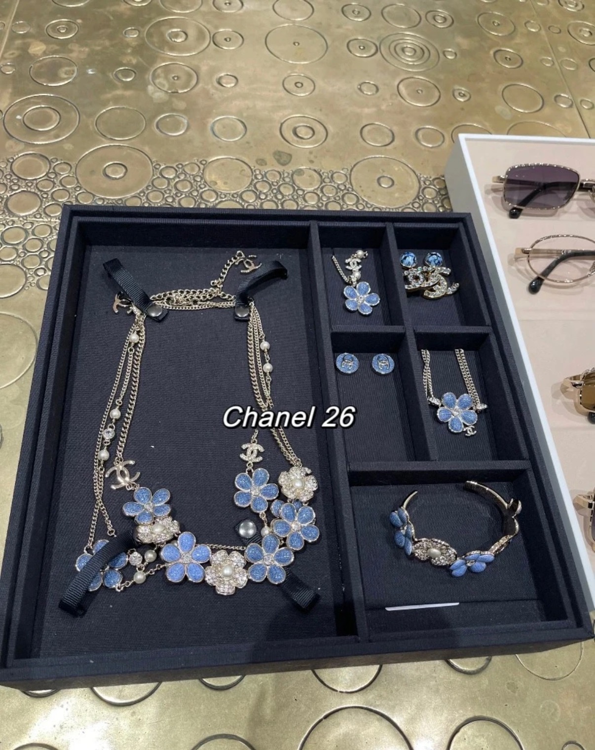 Chanel 26C Blue Denim Flower Diamond Paved Cuff Bangle Bracelet - Original Replica Club