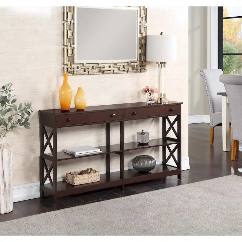 Oxford 60-Inch Console Table with Shelves and 2 Drawers by Convenience Concepts