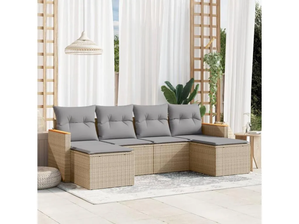 Juego de sofás jardín con cojines beige mezcla 6 pzas ratán PE