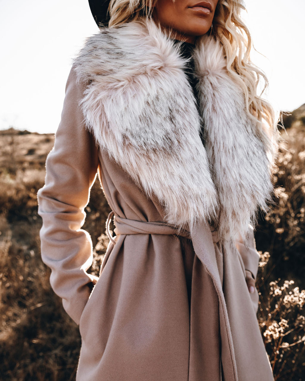 Frederica Pocketed Faux Fur Collar Coat - Se7enfashion