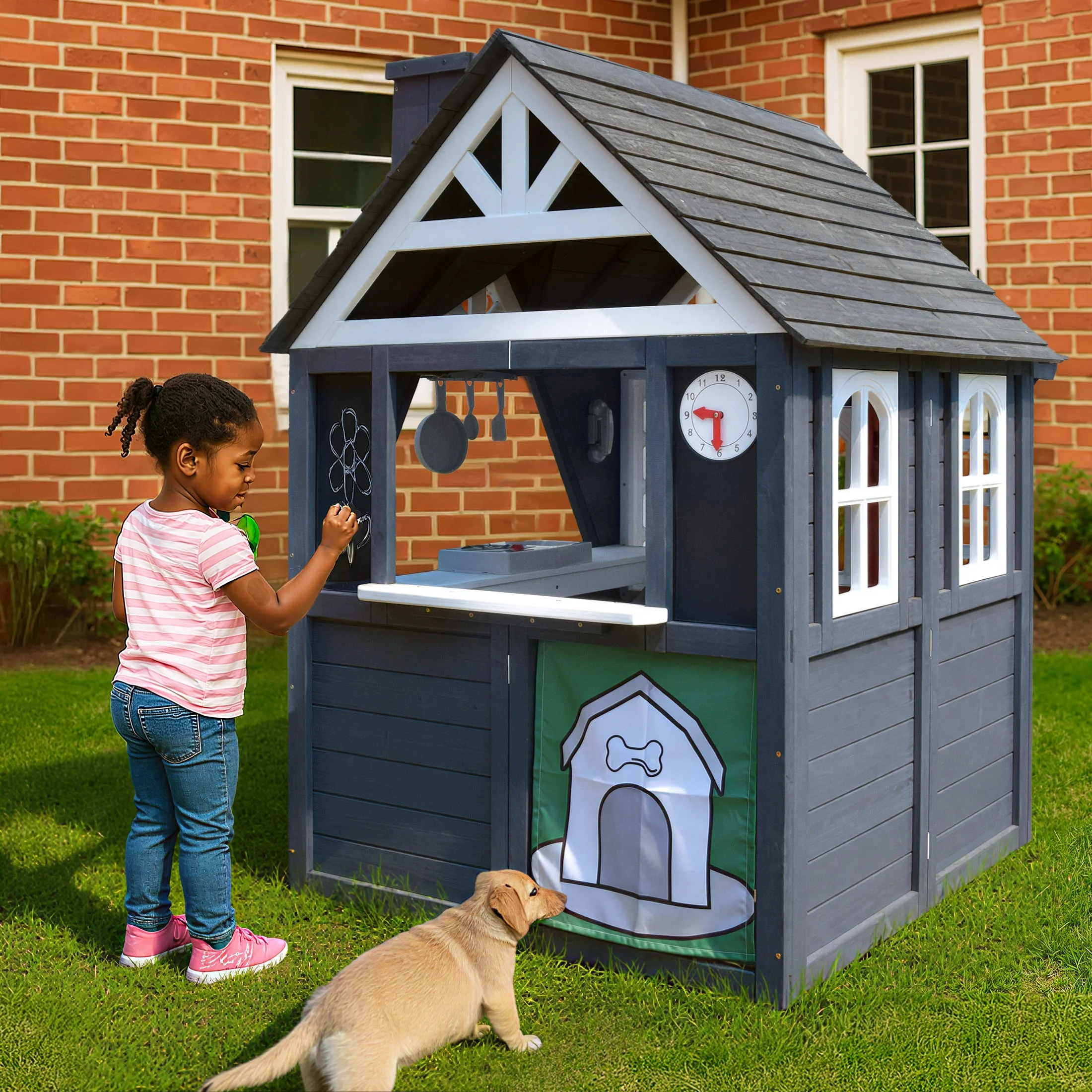 COCLUB Outdoor Playhouse for Kids Ages 4-8, Wooden Play House with Doorbell, Phone, Kitchen Toys, Outdoor Kids Play Equipment, Casa Para Ni?as (45-L x 65-H), White & Black - Image 13