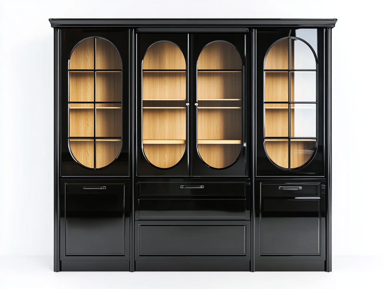 Armario de cocina negro de alto brillo con puertas de cristal y estantes de madera
