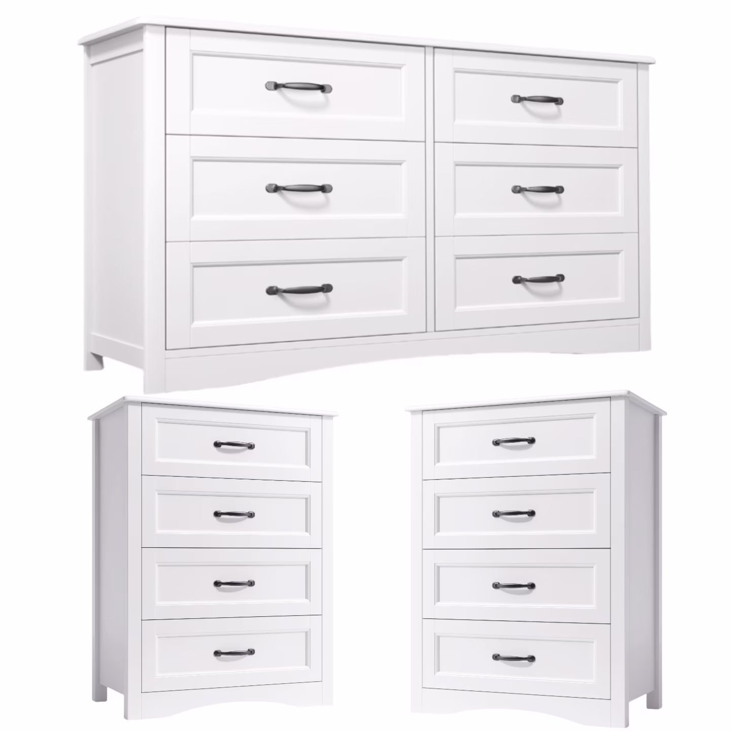 Lofka 3 Piece Nightstands and Dressers Sets, 6 Drawer Dresser 4 Drawers Nightstand Set of 2, Modern Engineered Wood, White(Black)