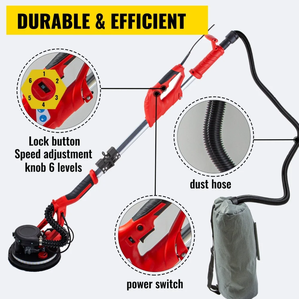 VEVOR Electric Drywall Sander 850W Variable Speed 800-1750 RPM Foldable Sheetrock Sander with Telescope Handle LED Strip Light Vacuum Bag Wall Sander for Professional Use - Image 4