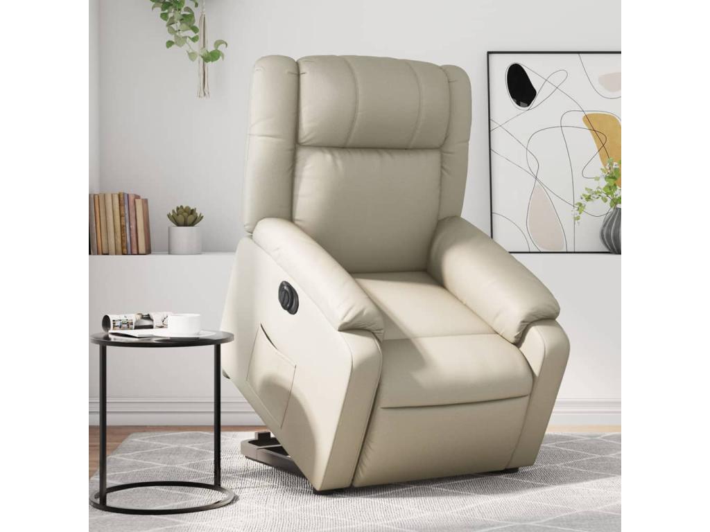 Sillón reclinable elevable eléctrico de cuero sintético crema