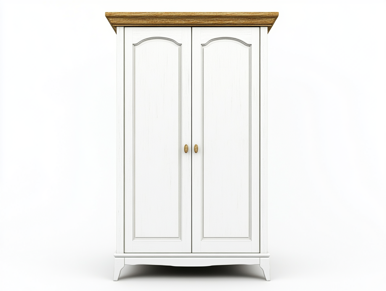Armario blanco con dos puertas, parte superior y patas de madera
