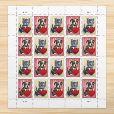 2023 Love Forever Stamps - Puppy and Kitten Holding Hearts Sheet(25 Sheet of (500 Pcs))