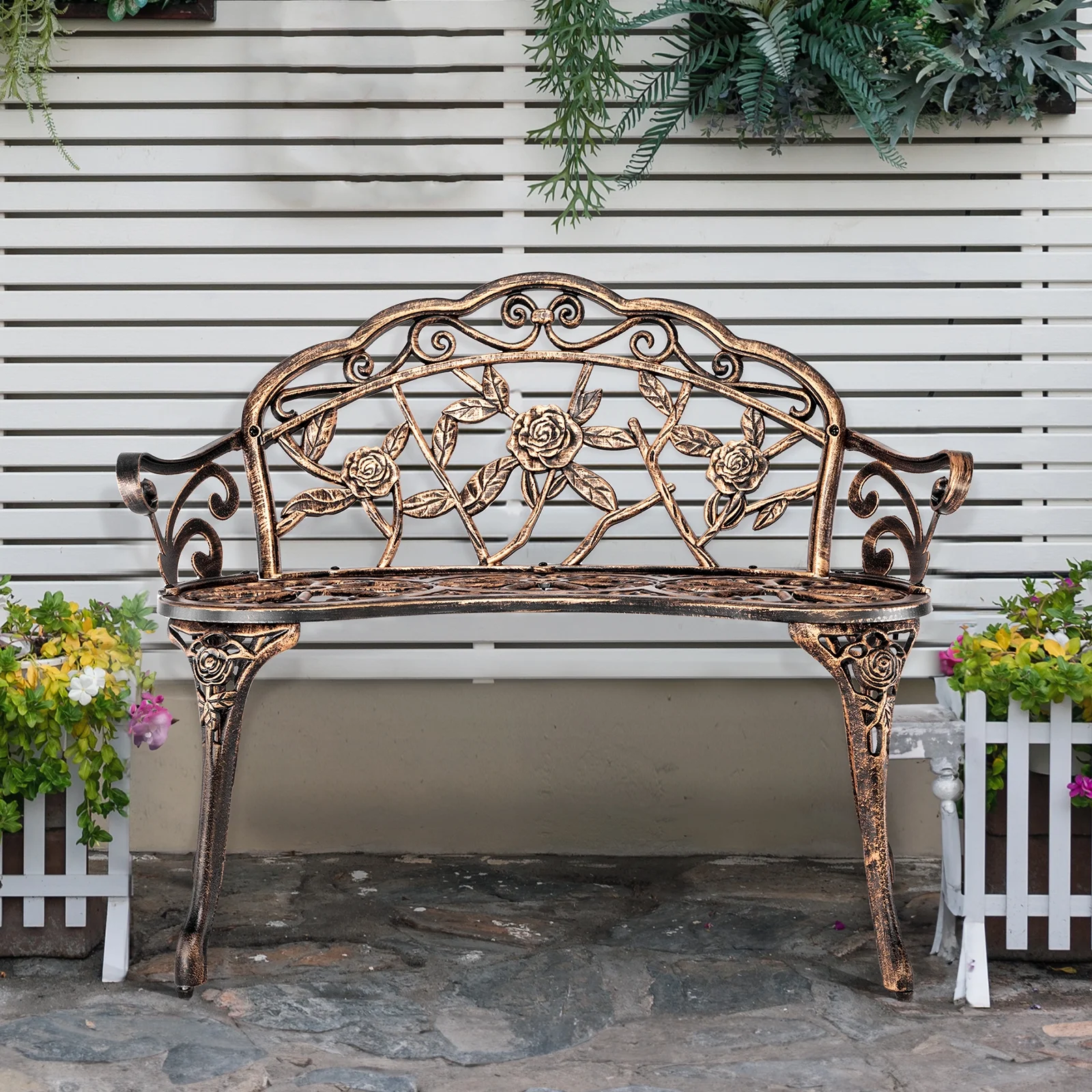 Ktaxon Outdoor Patio Park Garden Bench Courtyard Leisure Rose Cast Aluminum, Outdoor Loveset, Bronze - Image 11