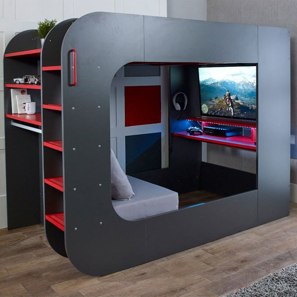 PodBed Grey and Red Gaming High Sleeper with Grey Sofa