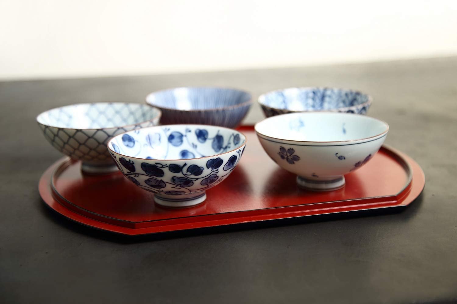 Mino Ware Japanese Pottery Set - Traditional Rice Bowls - Blue and White Asian Bowls - Hand Painted - Premium Ceramic - 5 Piece Soup Bowl Set