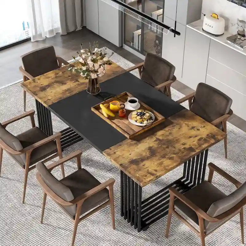 Modern Dining Table with Rectangular Top and Metal Base for 6 to 8 Seating