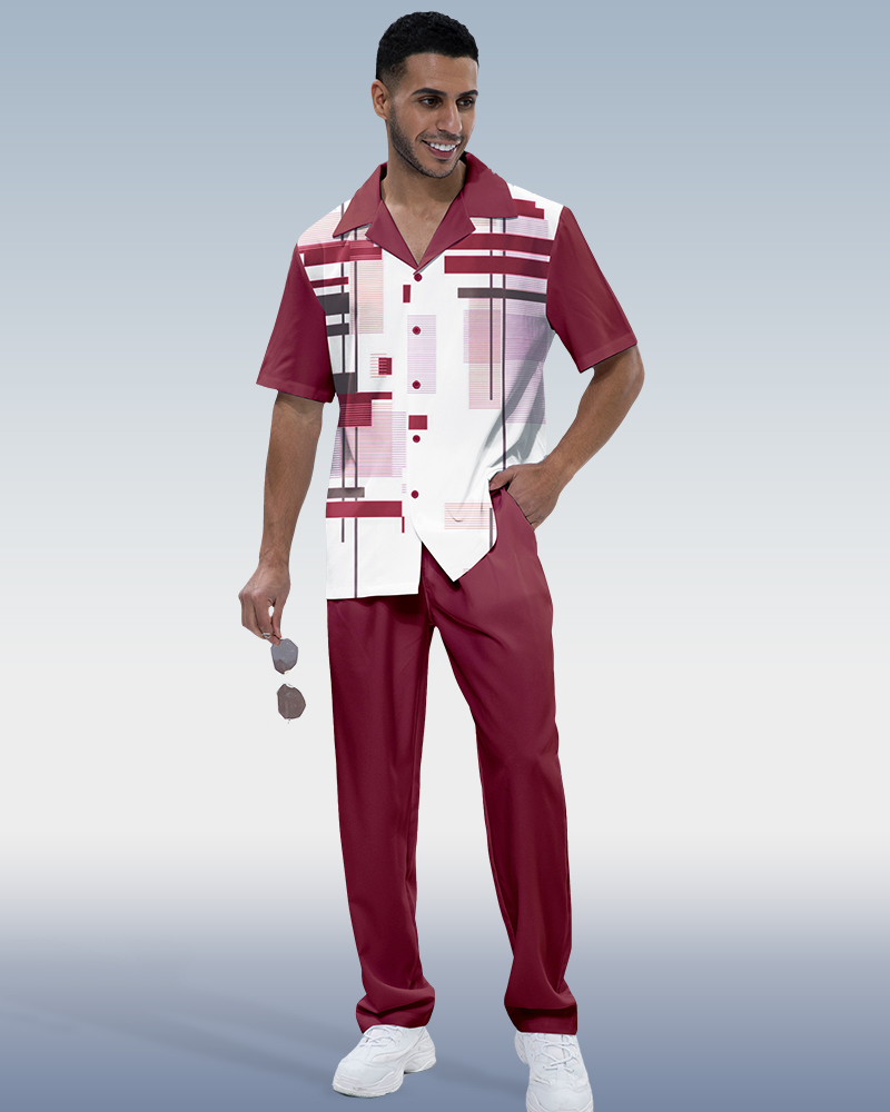 Suitmens Men's Claret Print Short Sleeve Walking Suit