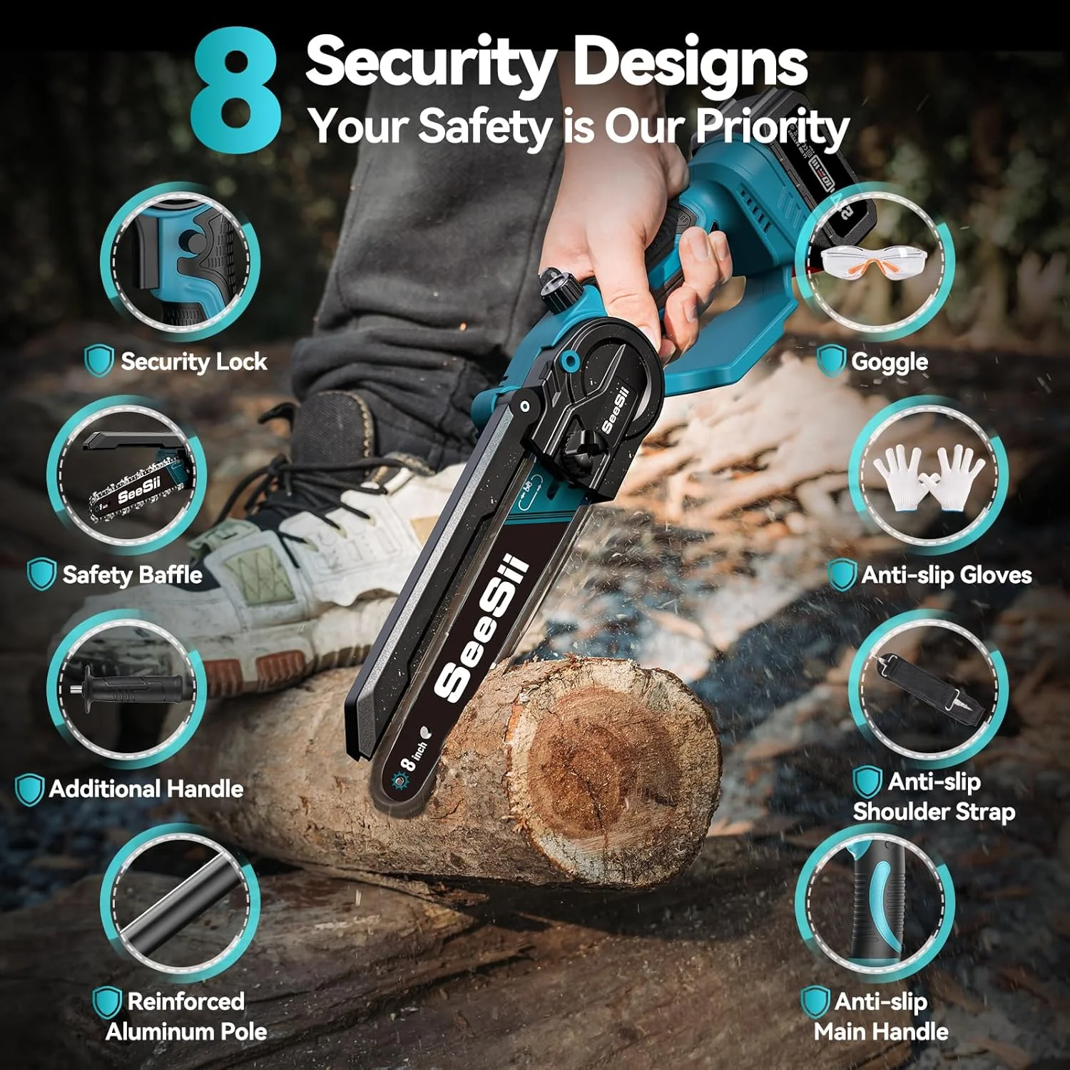 Seesii 2-in-1 Cordless Pole Saw, 8 Inch Brushless Mini Chainsaw with Extension Pole, 16ft Max Pole Saws with 2x 21V Batteries for Tree Trimming, Branches Pruning, Wood Cutting - Image 6