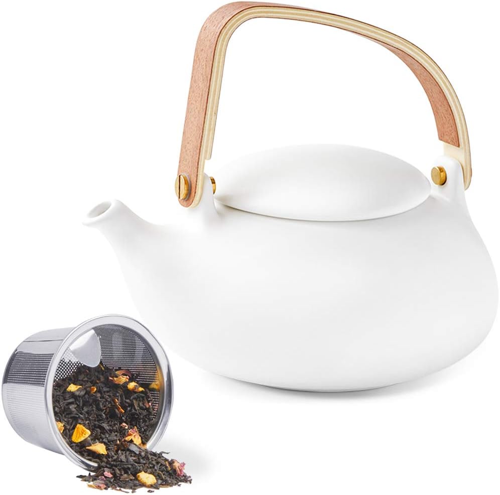 ZENS Modern Japanese Tea Set, 27 oz Ceramic Japanese Teapot with Fine Stainers and 4 Cups for Loose Leaf Tea Steeper, Wood Handle Matte Japanese Teapots Hot Tea Brewer for Tea Party Women Gifts