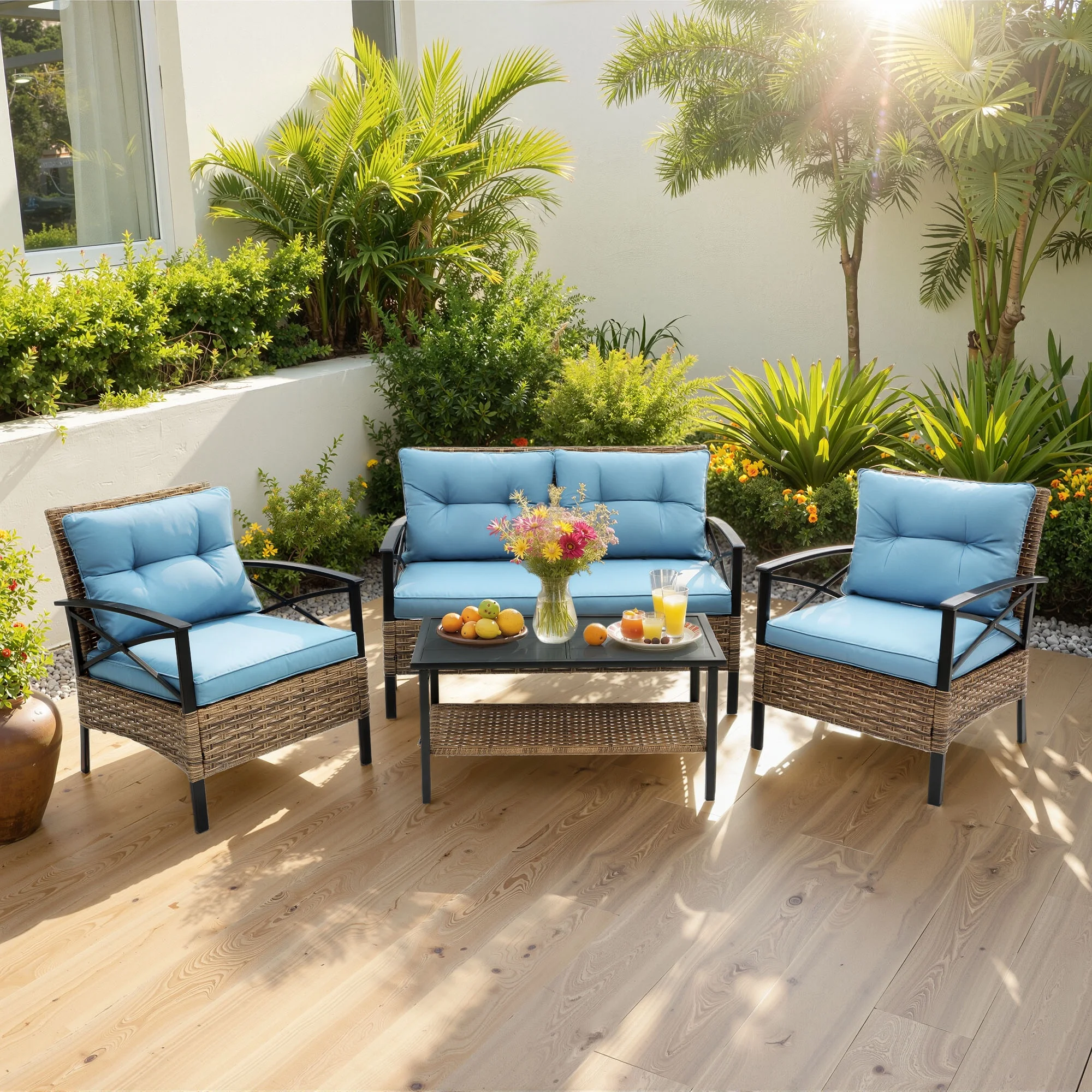 Patio Sofa Set, 4 Pieces Outdoor Sectional Furniture, All-Weather PE Rattan Wicker Patio Conversation Set, Cushioned Sofa Set with Coffee Table for Patio Garden Poolside Deck - Image 33