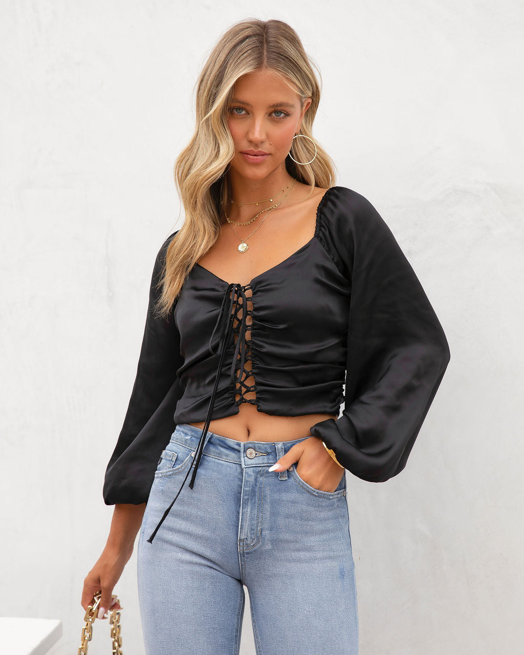 Lila Grace Satin Lace Up Crop Top - Black - FINAL SALE - Se7enfashion