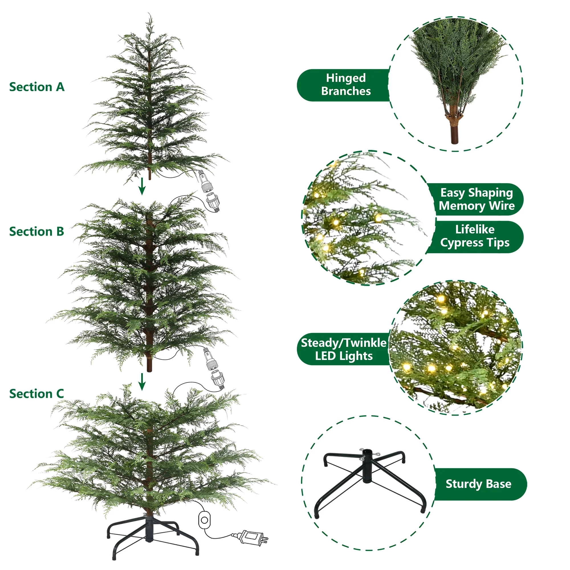 9' Pre-Lit Green Cypress Artificial Christmas Tree with 600 Warm White Twinkle LED Lights, by My Texas House - Image 4
