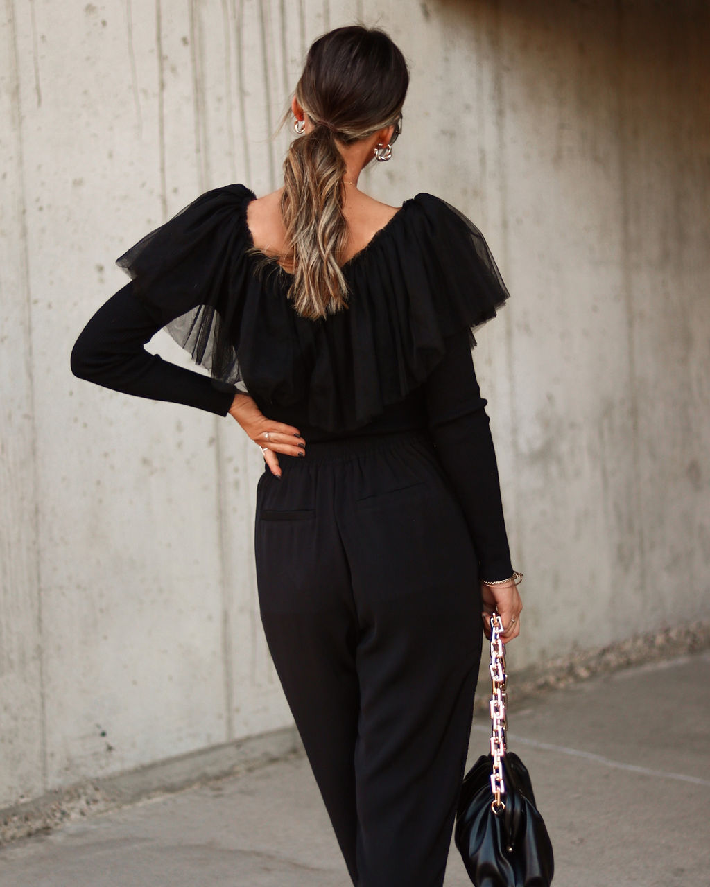 Picture Perfect Glam Ribbed Knit Ruffle Tulle Top - Black - Se7enfashion