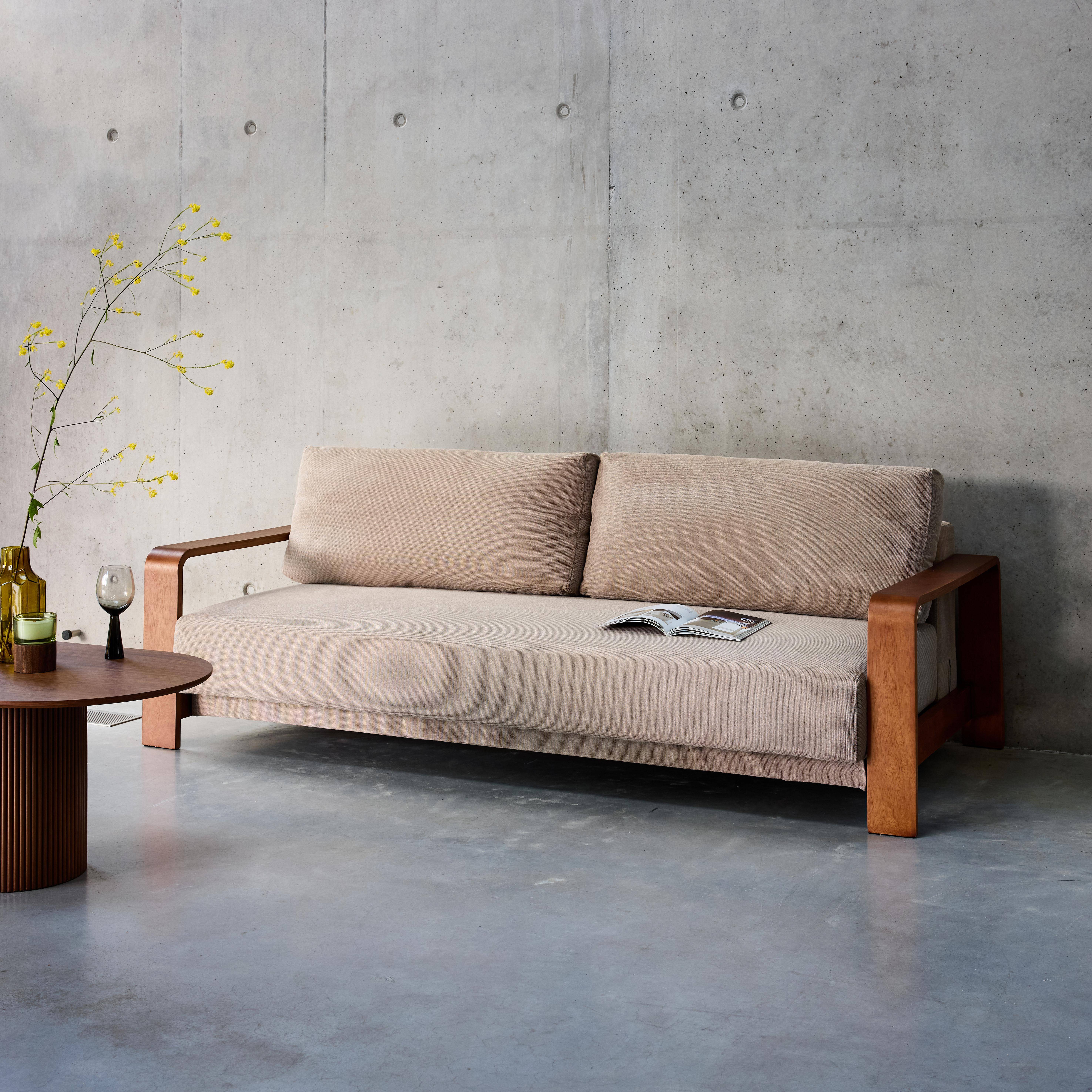 Eden - Sofá cama de 3 plazas con reposabrazos de madera