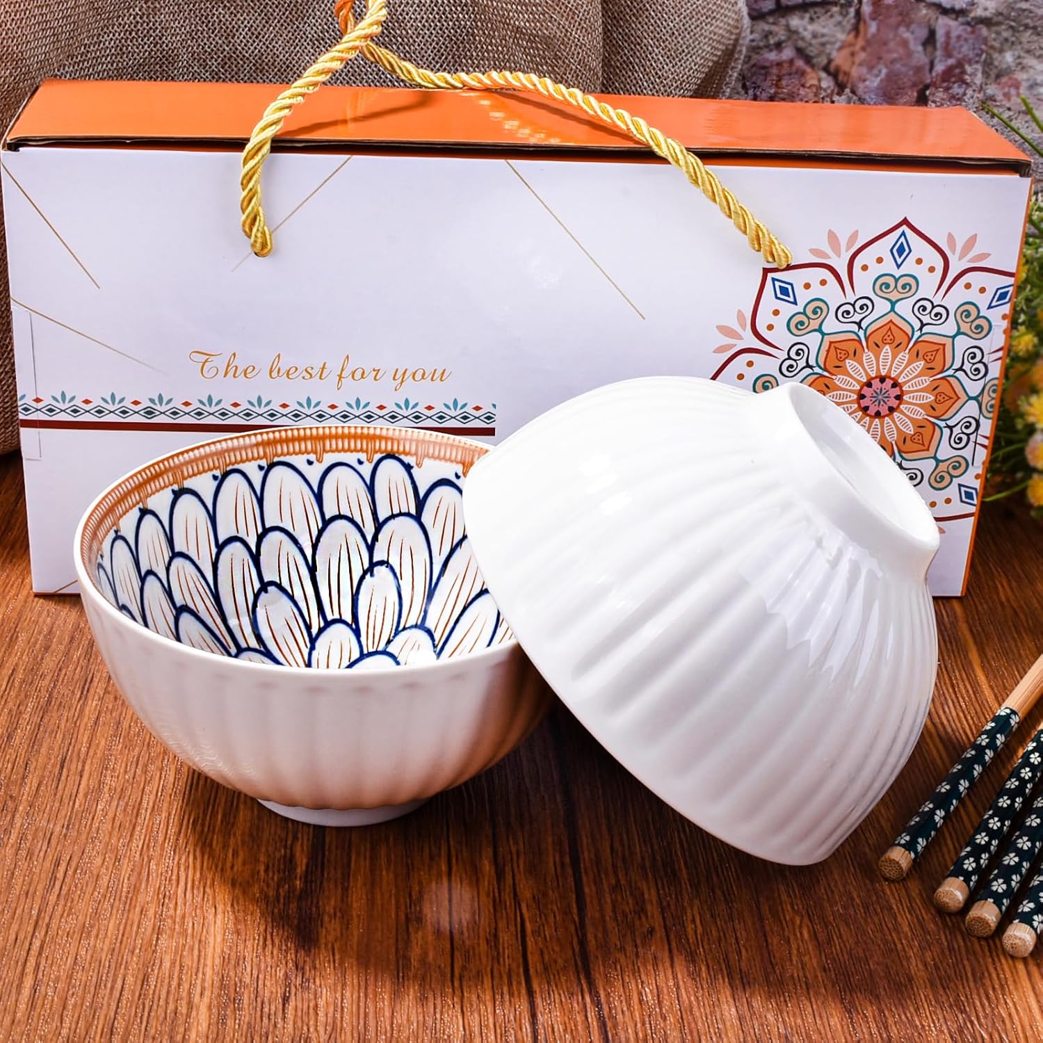Japanese Ceramic Rice Bowl Set of 2 with Chopsticks, Small Porcelain Bowls for Soup, Grains, Snacks & Side Dishes,Dishwasher & Microwave Safe
