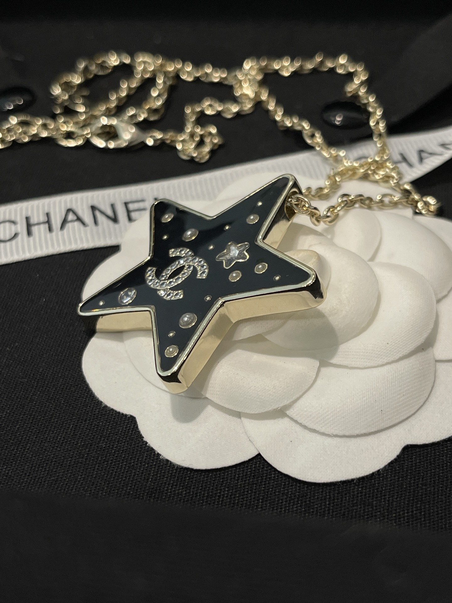 Chanel Diamond Paved Black Enamel Star Pendant Necklace - Original Replica Club