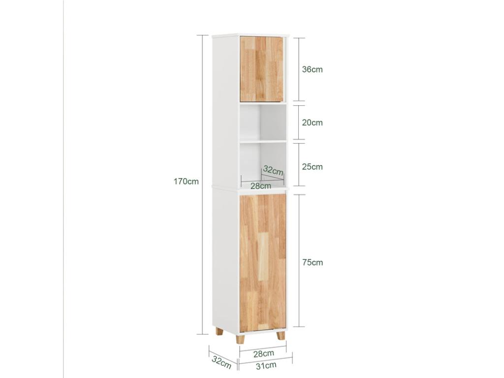 Mueble Columna de Baño Armario para Baño Alto Estanterías de Baño con 1 Cesto para Ropa Sucia, 1 Puerta y 2 Estantes 31 x 32 x 170 cm BZR74-W Laocacasas ES