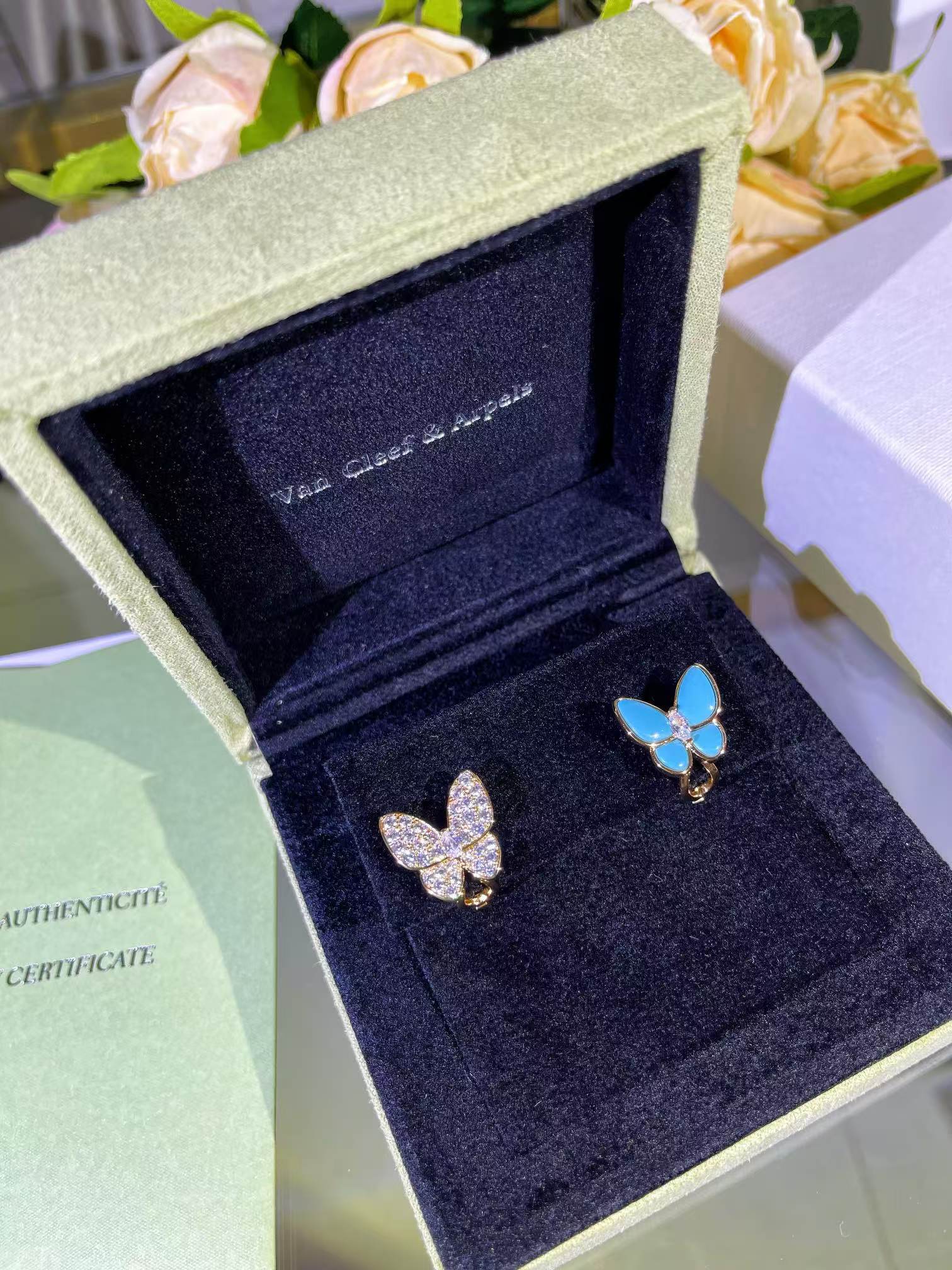VCA Blue & Diamond Two Butterfly Earrings - Original Replica Club