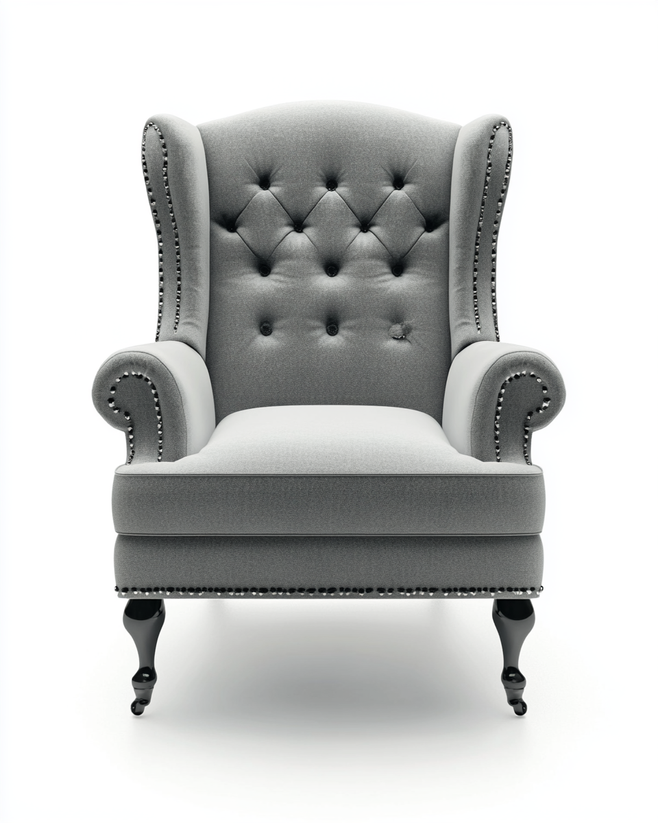 Sillón clásico de tela gris con respaldo alto y detalles capitoné