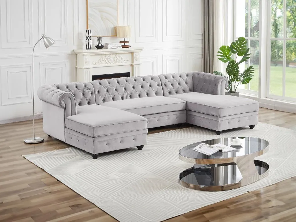 Sofá esquinero panorámico de terciopelo gris claro Banakdecoracion 47414EUYC