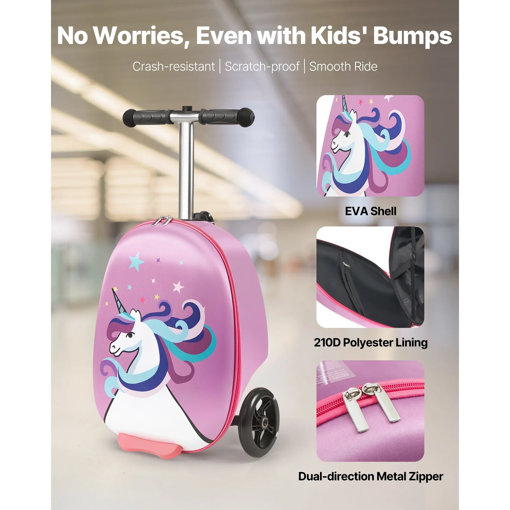 KFFKFF Ride-on Kids Luggage, 20L Capacity, 20-Inch Scooter Suitcase with Flashing PU Wheels, Adjustable Handle & Non-Slip Grip, Foldable and Lightweight Travel Companion for Children Aged 5+, Purple