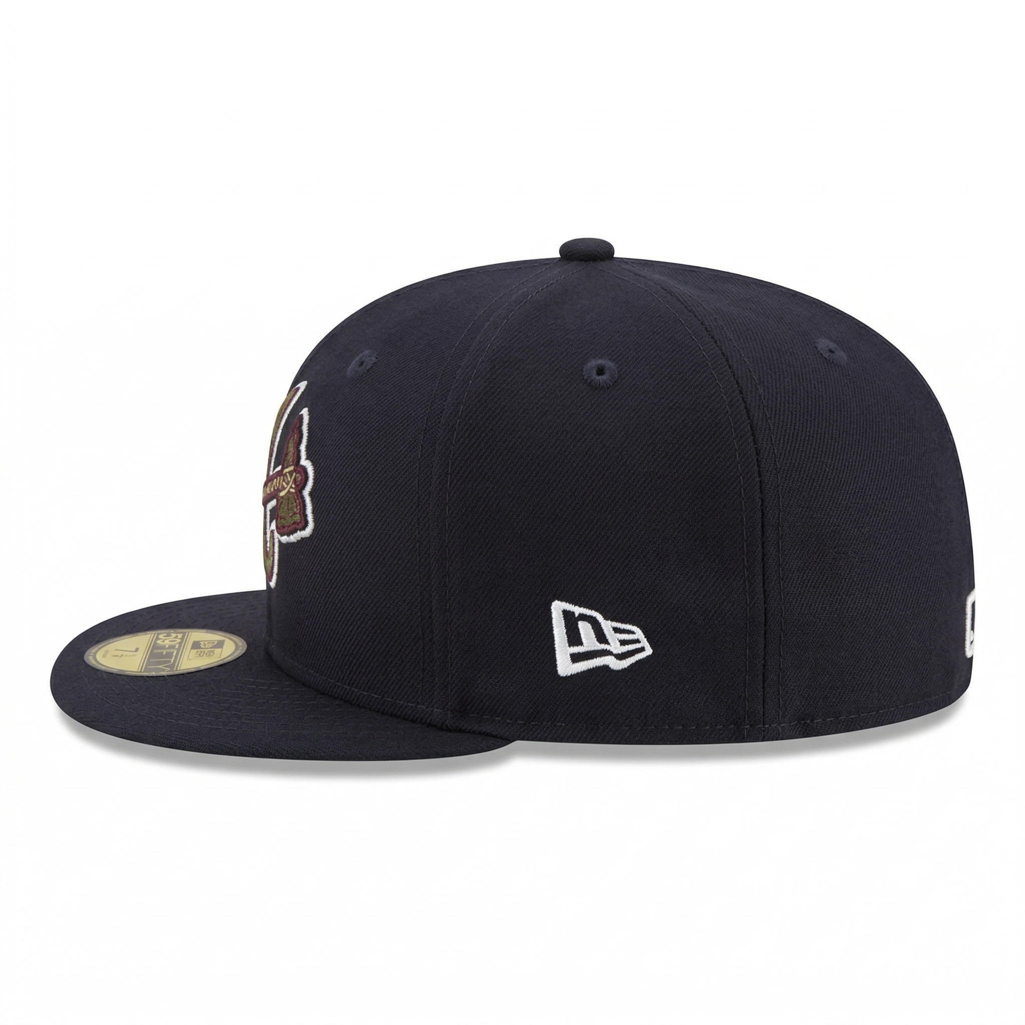 Left side profile of the navy blue Atlanta Braves 59FIFTY baseball cap, displaying the classic white New Era flag logo
