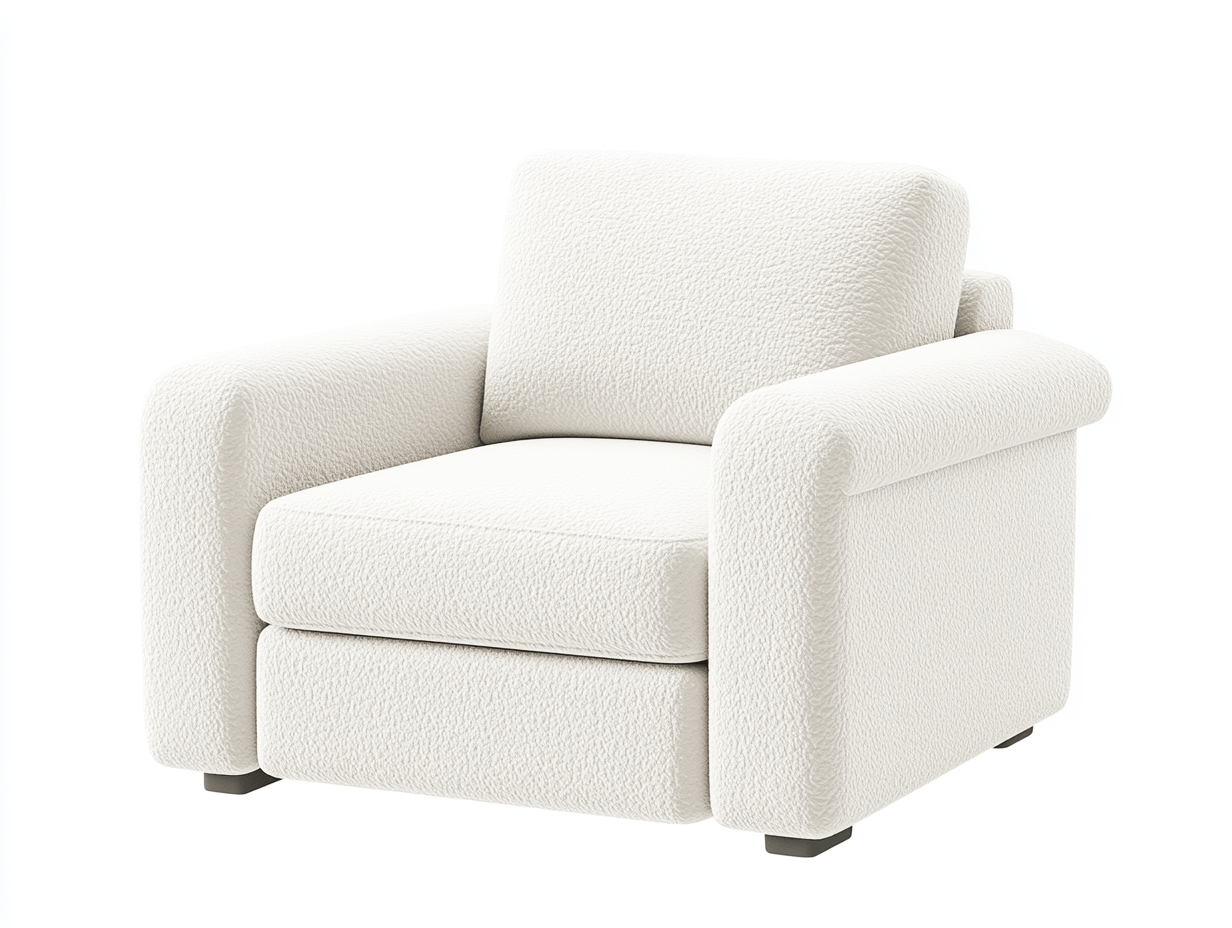Sillón 95×85×80 cm – tela bouclé blanco con brazos rectos y diseño contemporáneo – patas metálicas negras