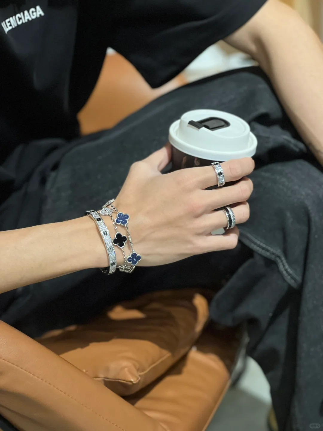 VCA Black Onyx & Silver Vintage Alhambra Bracelet, 5 Motifs - Original Replica Club