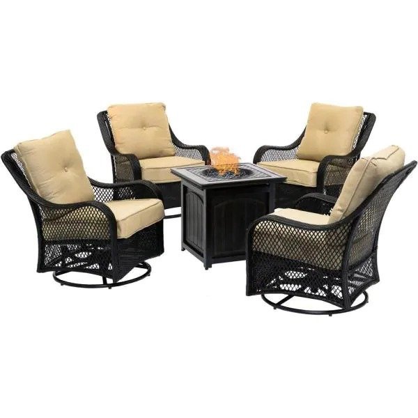 💥Clearance Sale🔥5-Piece Steel Patio Fire Pit Conversation Set with Navy Blue Cushions, Swivel Gliders and Square Fire Pit Table
